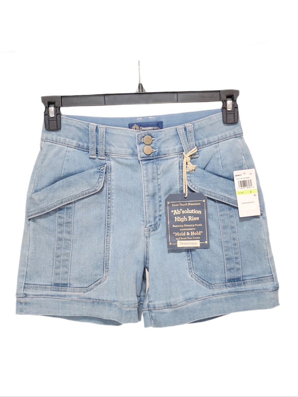 Democracy 4.5" Denim Utility Shorts Stretch High Rise Ab Solution Light Blue 4